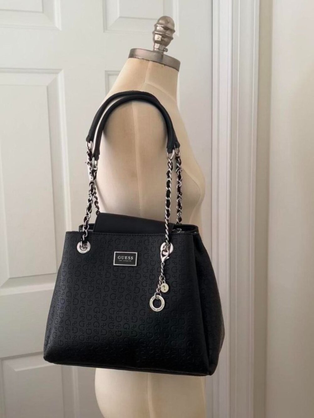 Guess black purse with silver chain